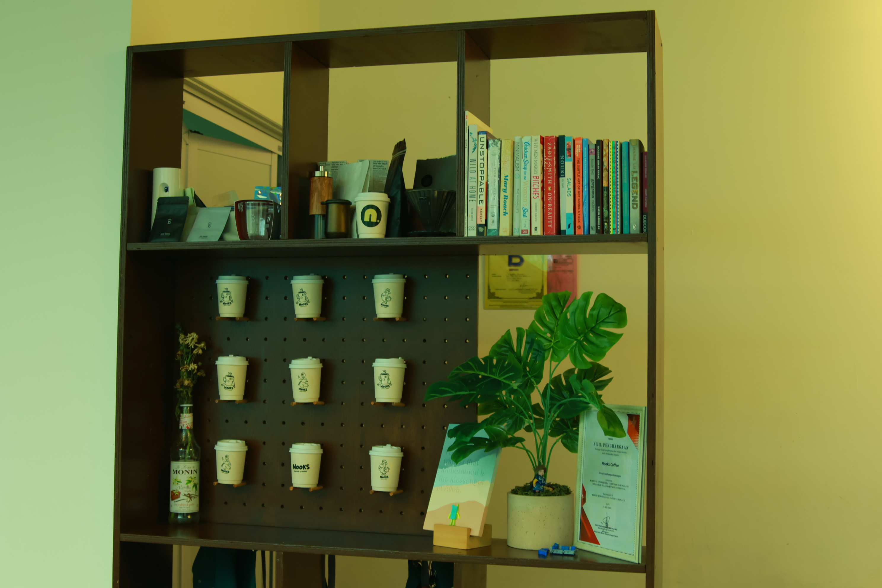 Shelving with books, mugs and a plant